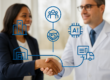 Doctor and GPO officer shaking hands in a modern healthcare setting, with blue graphic overlay icons representing AI, hospitals, suppliers, distribution, and partnership, illustrating a collaborative and technology-driven healthcare supply chain.