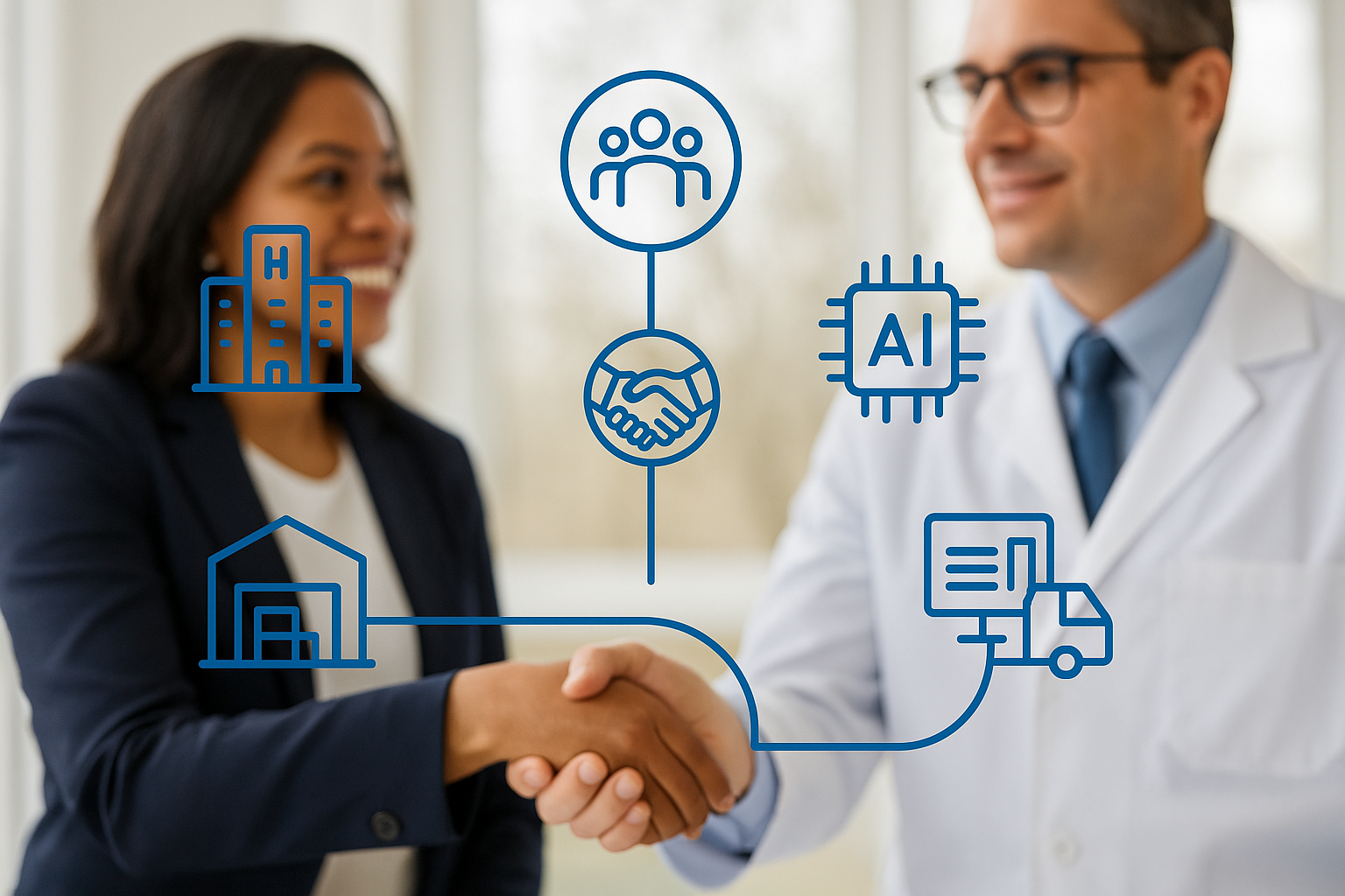 Doctor and GPO officer shaking hands in a modern healthcare setting, with blue graphic overlay icons representing AI, hospitals, suppliers, distribution, and partnership, illustrating a collaborative and technology-driven healthcare supply chain.