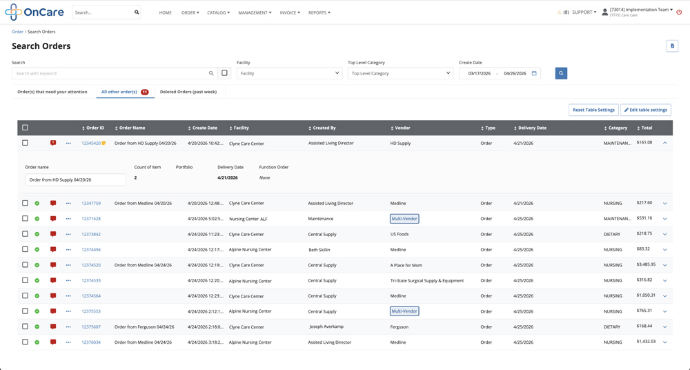 OnCare search orders page